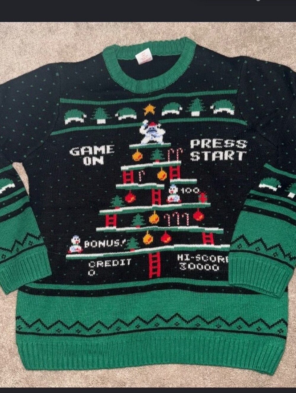 Retro Video Game Christmas Sweater in Black and Green